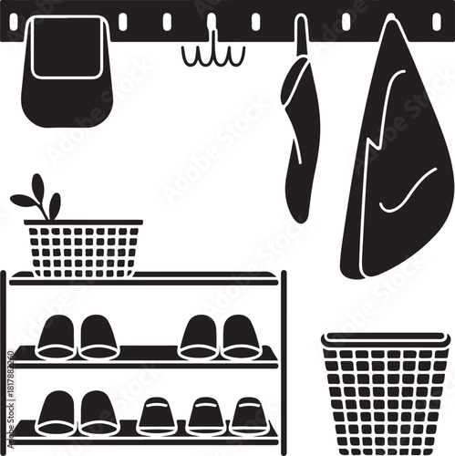 Minimal Black Silhouette Vector Set of Hallway Storage Rack Shoe Shelf Basket Hooks