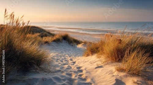 A serene coastal scene unfolds, with sun-kissed sand dunes leading towards a tranquil beach and the expansive, shimmering ocean under a soft, golden sky during the peaceful twilight hours