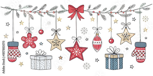 Vector  christmas  festive christmas decorations hanging from a garland with gifts and mittens below them all