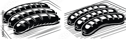 Classic grilled sausages arranged neatly on a barbecue grate, perfect for outdoor cooking and picnic events