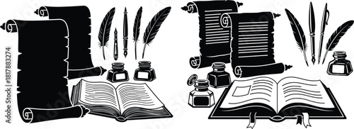 Collection of silhouette writing instruments including feather quills, inkwells, an open book, and rolled scrolls
