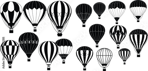 Collection of various hot air balloon silhouettes floating gracefully across a vast sky landscape