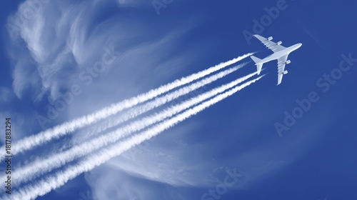 contrails. Airplane ascending into a blue sky, leaving white contrails against a backdrop of soft clouds. mobility guides, transit brochures, designed for transport & logistics marketing.
