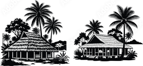 Detailed black silhouettes of traditional tropical huts with thatched roofs nestled among tall palm trees on an island