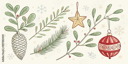Hand-drawn doodles of 4 Christmas items including mistletoe sprigs in a cute, simple, and clean festive vector style.