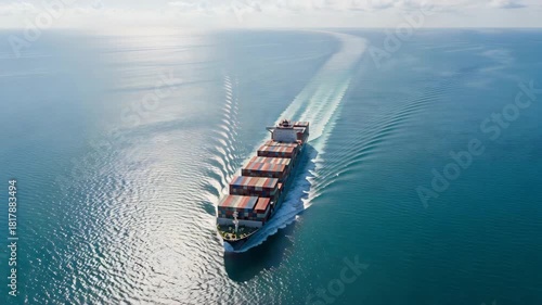 Aerial view of a cargo ship sailing across a tranquil ocean during the day