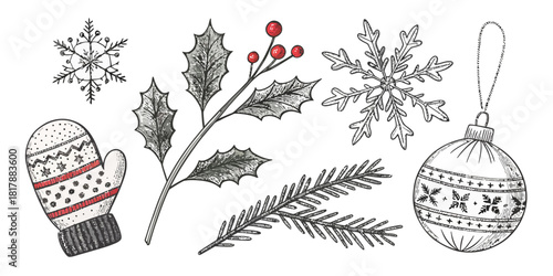Hand-drawn doodles of 5 Christmas items including mittens and holly sprigs in a cute, simple, and clean festive vector style.