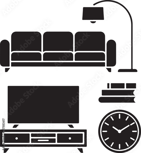 Minimal Black Silhouette Vector Set of Living Room Decor Couch Cushions TV Unit Floor Lamp Books Clock