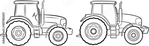 Detailed outline drawings of agricultural tractors viewed from the side, suitable for farming projects