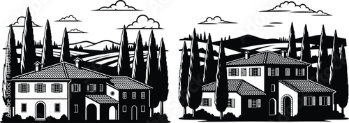 Elegant Tuscan villas with detailed architecture framed by towering cypress trees and rolling hills in the distance