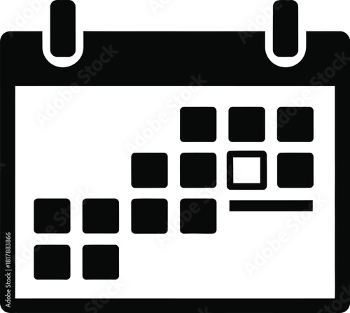 A simple black and white calendar icon with a grid of days, highlighting a specific date, representing scheduling, planning, and time management