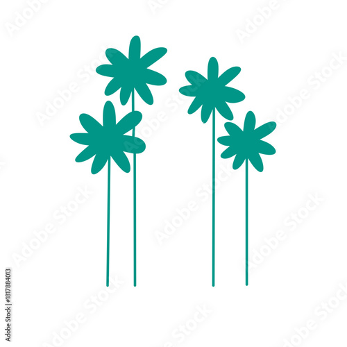 Four teal stylized flowers on thin stems against a white background
