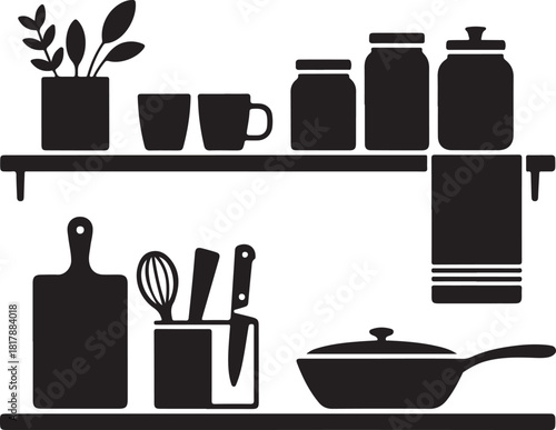 Minimal Black Silhouette Vector Set of Minimalist Kitchen Shelf Jars Cups Knife Holder Board Towel Pan