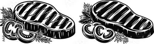 Grilled steaks with distinctive char marks, served with fresh rosemary sprigs and sliced tomatoes