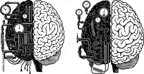 Intricate steampunk brain illustration combining mechanical gears and organic neural networks representing complex thought processes