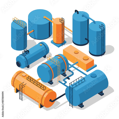 Isometric set of industrial tanks for liquid and gas storage.