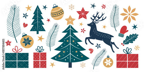 Vector  christmas  festive christmas themed pattern with trees reindeer ornaments and wrapped gifts scattered about