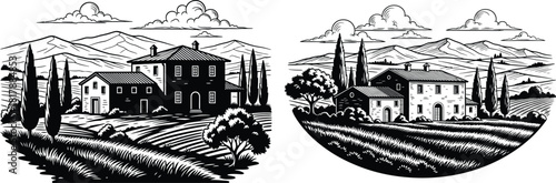 Picturesque Tuscan landscape with traditional farmhouses, rolling vineyards, and tall cypress trees under a cloudy sky