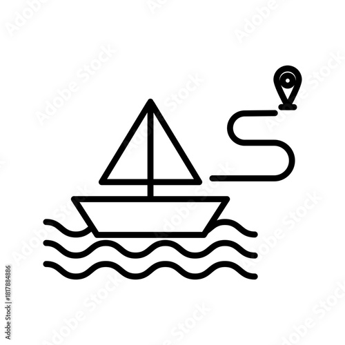 Boat and Navigation Route Map Icon Black boat icon with water waves and a location route pin representing marine navigation, travel direction, GPS tracking, and sailing route planning.