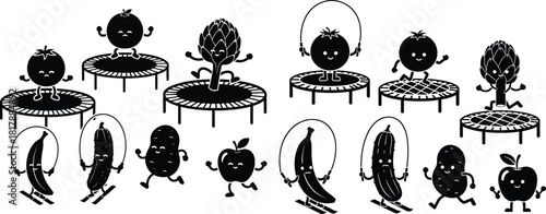 Playful cartoon vegetable and fruit characters engaging in various fitness activities for health