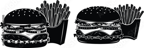 Savory hamburger and french fries combos in monochrome, representing a classic fast food meal combination