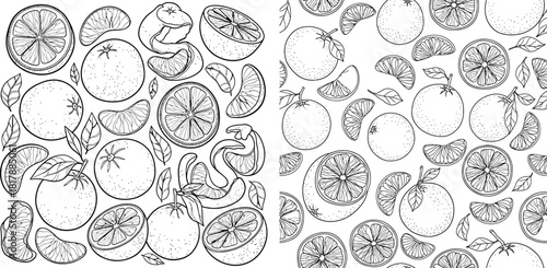 Seamless vector pattern featuring whole oranges, fruit slices, and twisted peels for fresh designs