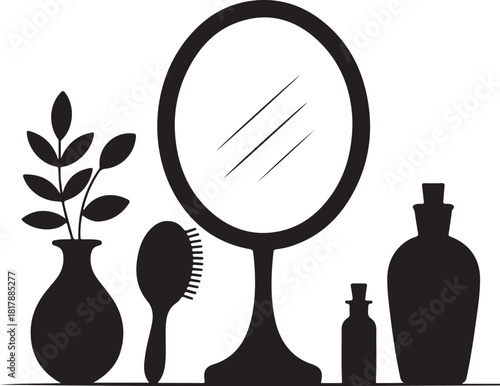 minimal black vector set of vanity setup — mirror, brush, vase, and bottle.ai