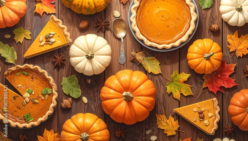 Festive Thanksgiving Feast - Pumpkins, Pies, and Autumn Leaves.
