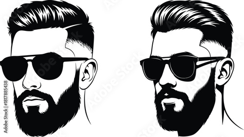 Stylish bearded men vector illustrations with modern hairstyles and trendy sunglasses for fashion branding