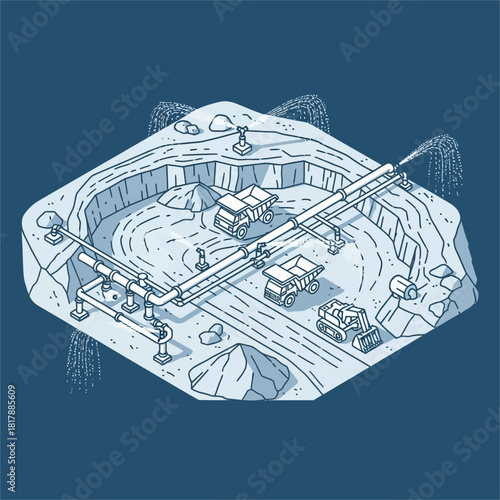 Isometric view of a large-scale mining operation with heavy machinery and infrastructure.