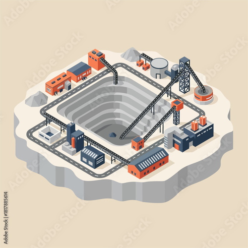Isometric view of a mining operation with various industrial elements.