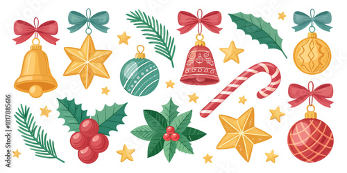 Vector  christmas  illustration of christmas ornaments including bells stars candy cane and holly on white background