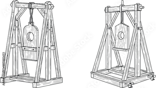 Traditional medieval wooden stocks or pillory device with a circular opening in line drawing style