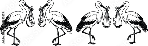 Traditional storks delivering bundled babies, symbolizing new birth and family additions in a charming silhouette style