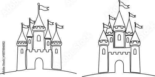 Two simple line art fairy tale castles with flags and multiple turrets for childrens stories