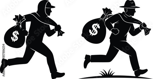 Vector illustration of a criminal escaping with large dollar sacks after committing a financial crime