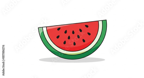 High-quality flat-vector slice of watermelon with simple shapes, bold red and green tones, minimalistic shadow, isolated on pure white background