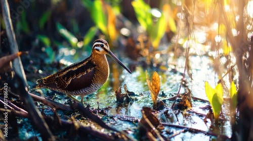 woodcock. An American woodcock probing mud in a wetland habitat during morning light. wildlife magazines, conservation campaigns, designed for eco-tourism storytelling, used by project managers.

