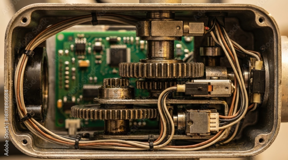Fototapeta premium Detailed view of machinery with gears and electronic components inside a metallic casing.