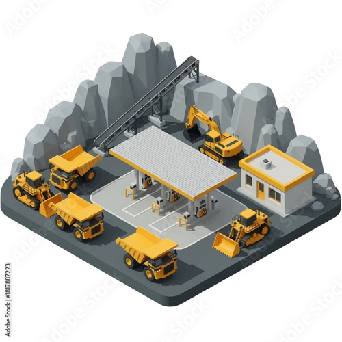 Isometric view of a quarry with heavy industrial machinery.