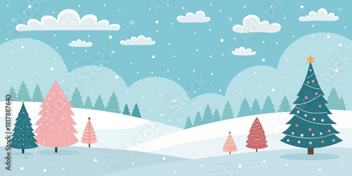 Vector  christmas  a winter scene with christmas trees and snow falling under a cloudy light blue sky