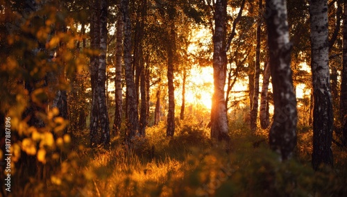 A serene forest scene during sunset with sunlight filtering through tall trees and casting warm golden light on the lush undergrowth
