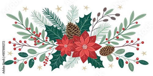 Vector  christmas  festive arrangement of poinsettias, pine cones, berries, and evergreen branches and stars