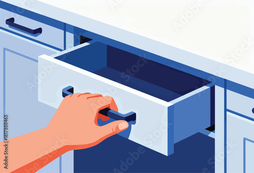 A hand, in a simplified style, pulls open a blue drawer from a light-blue cabinet