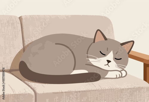 A cute, sleepy cat curled up on a light-colored couch in a cozy and peaceful illustration