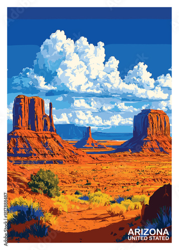 Arizona United States travel poster vector illustration featuring the iconic red rock formations of Monument Valley under a bright, cloud-filled blue sky.