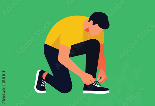 Illustration depicts a person tying their shoe, a stylized image set against a vibrant green background