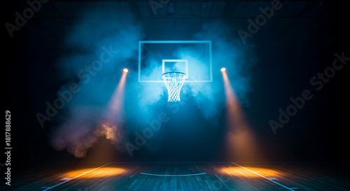 Moody basketball court with illuminated hoop surrounded by dramatic blue smoke under spotlights in a 76879762 1
