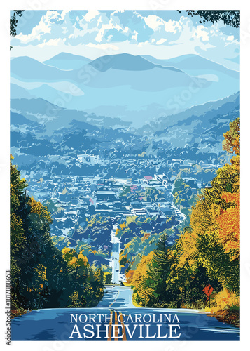 North Carolina Asheville travel poster vector illustration showing a winding road descending toward the mountain city surrounded by autumn foliage and hazy peaks.