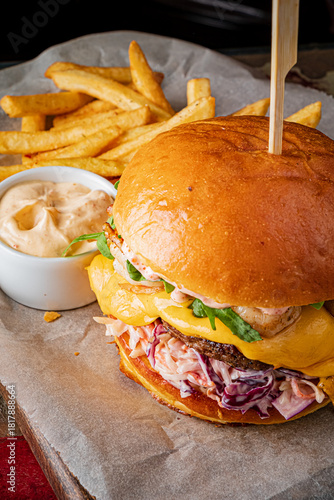 Tasty burger topped with cheese, greens, coleslaw, and served with fries and dip